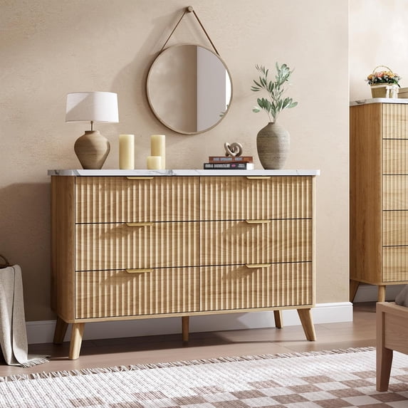 Fluted Dresser for Bedroom with 6 Deep Drawers 47in Tall Chest of Drawers with Faux Marble Top Curved Profile Design Modern Wooden Dresser for Living Room Kids Room Hallway-Natural with White Top