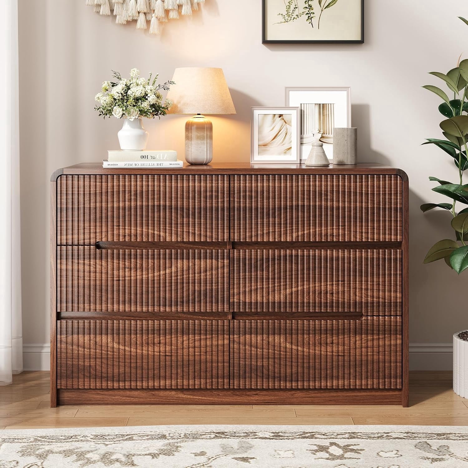 Fluted Dresser for Bedroom, 6 Drawer Dressers for Closet 48" Wide Large Wood Dresser Modern TV Stand, Wooden Clothes Storage Organizer Chest of Drawers for Living Room Hallway Entryway