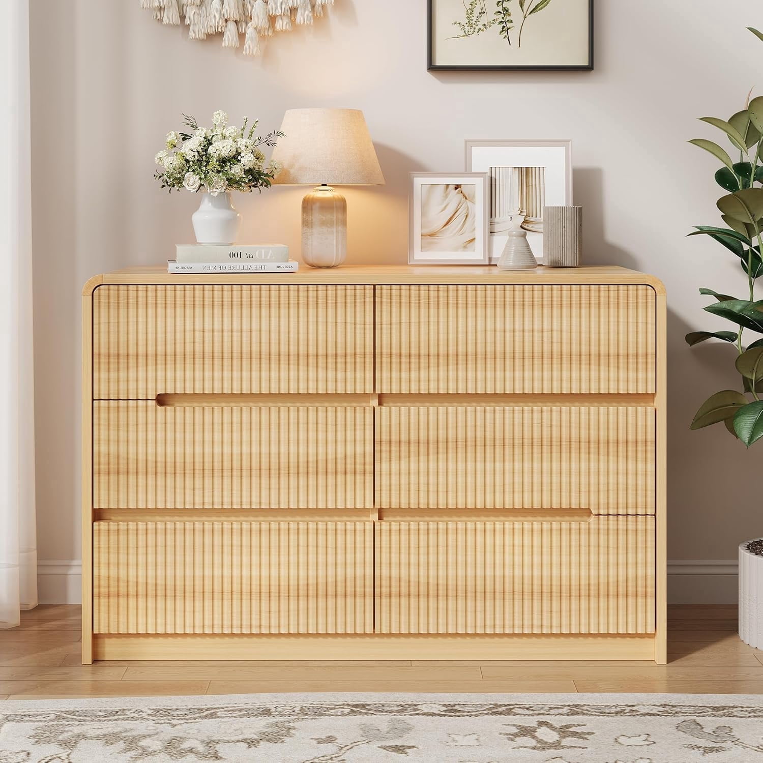Fluted Dresser for Bedroom, 6 Drawer Dressers for Closet 48" Wide Large Wood Dresser Modern TV Stand, Wooden Clothes Storage Organizer Chest of Drawers for Living Room Hallway Entryway