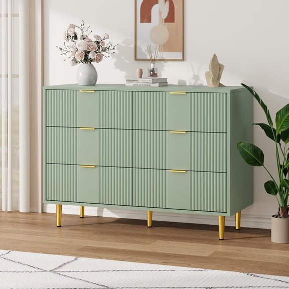 Fluted Dresser for Bedroom with 6 Drawers, 39.4" Wide Modern Chest of Drawers with Metal Handle, Wooden Closet Clothes Storage Organizer for Living Room, Hallway, Olive Green