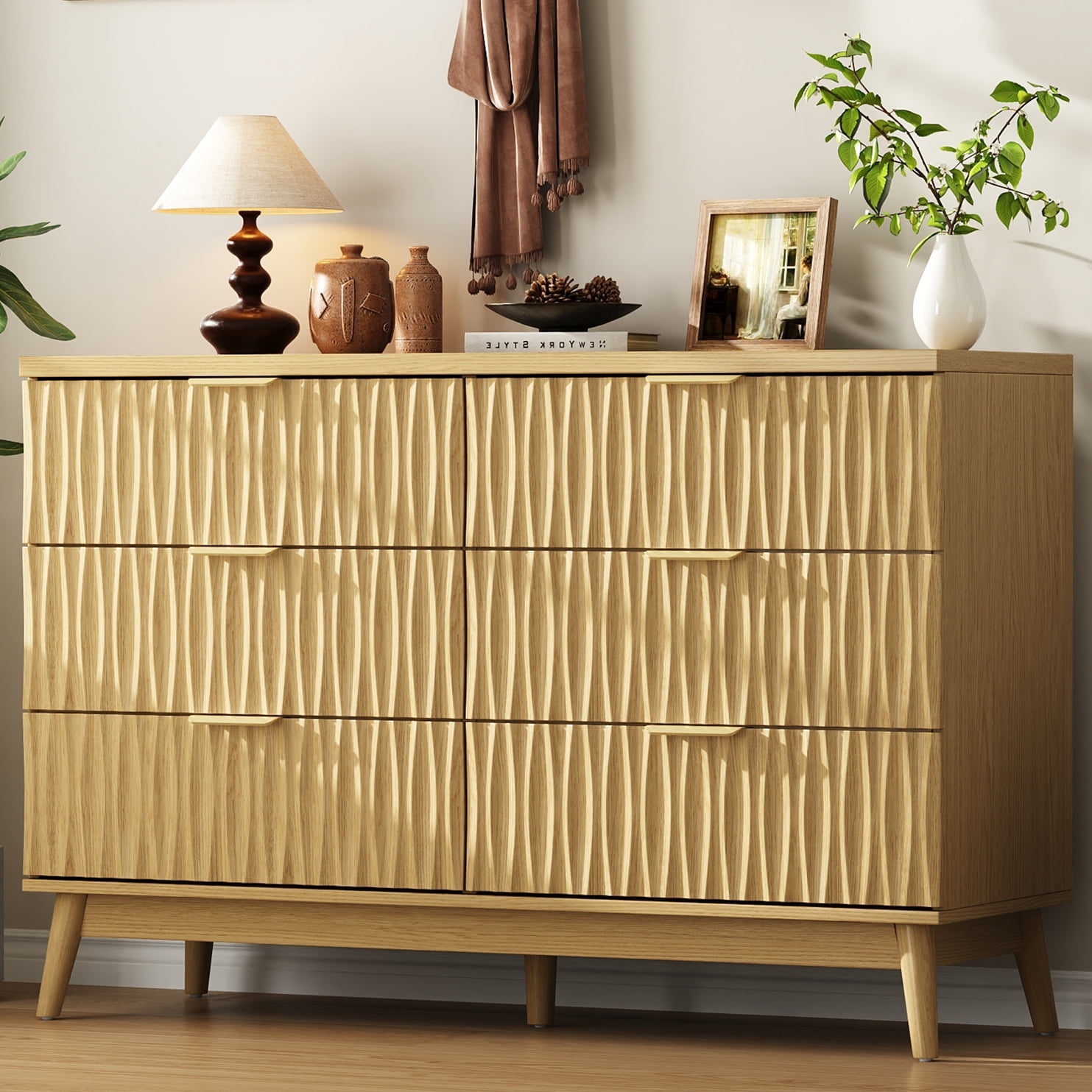 47"W Fluted 6 Drawers Dresser for Bedroom, Modern Chest of Drawers with Metal Handle, Wooden TV Stand for Living Room, Hallway