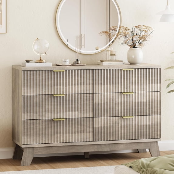 Fluted Dresser for Bedroom with 6 Drawers, 48" Wide Modern Chest of Drawers with Metal Handle, Wooden Dresser TV Stand, Wood Closet Clothes Storage Organizer for Living Room, Hallway, Grey