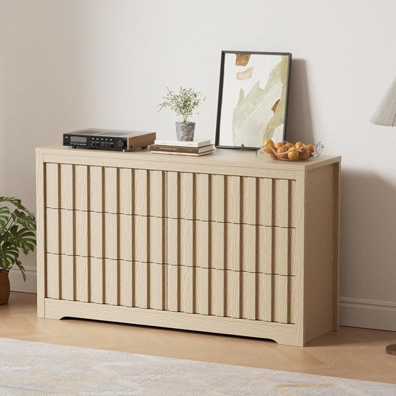 Fluted Dresser for Bedroom with 6 Drawers,Modern Chest of Drawers with Handleless,Wooden Dresser, Wood Clothes Closet Organizer with Deep Storage for Living Room, Hallway,Light Oak