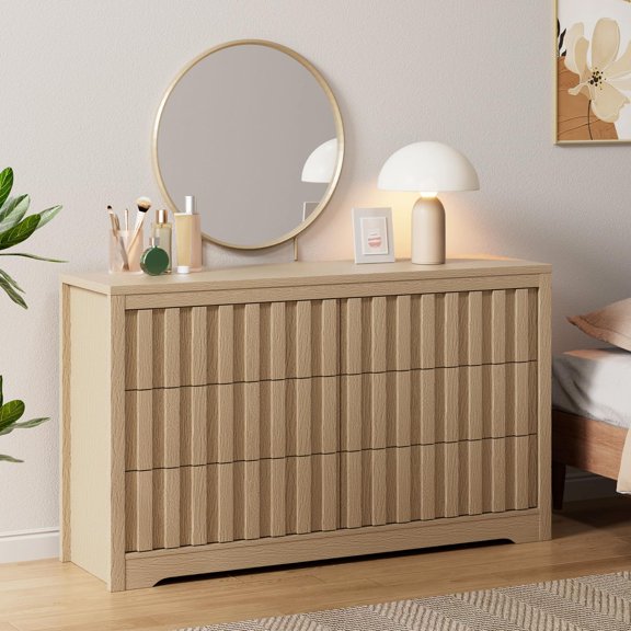 Fluted Dresser for Bedroom with 6 Drawers,Modern Wooden Chest of Drawers with Handleless,Wood Clothes Closet Organizer with Deep Storage for Living Room, Hallway, Natural Oak