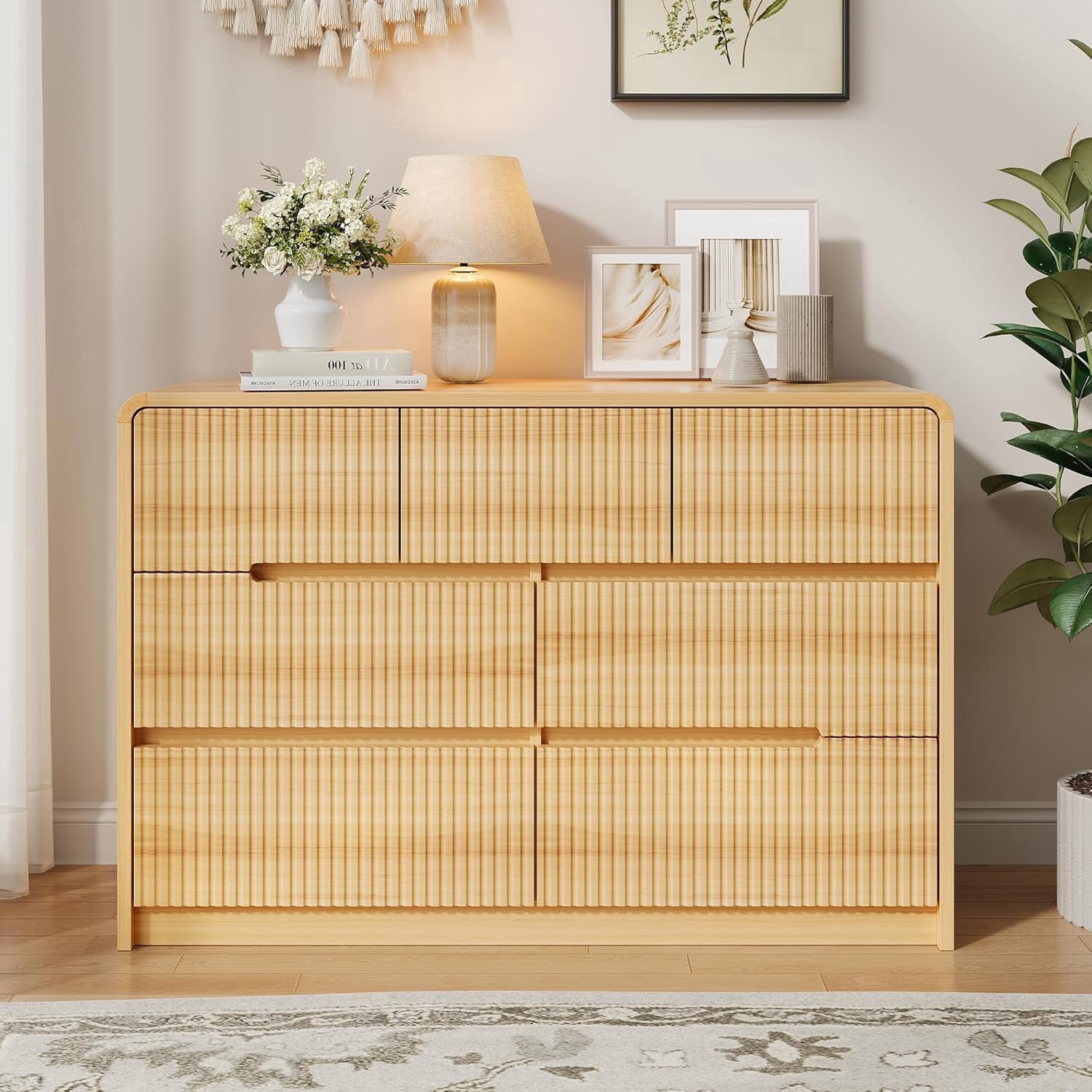 Fluted Dresser for Bedroom, 7 Drawer Dressers for Closet 48" Wide Large Wood Dresser Modern TV Stand, Wooden Clothes Storage Organizer Chest of Drawers for Living Room Hallway Entryway