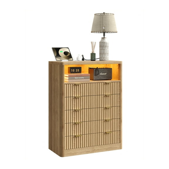 Fluted Dresser for Bedroom, Storage Organizer with 5 Drawers, Chest of Drawers with LED Light & Charging Station, Modern Farmhouse Nightstand for Bedroom, Living Room, Hallway, Natural Oak
