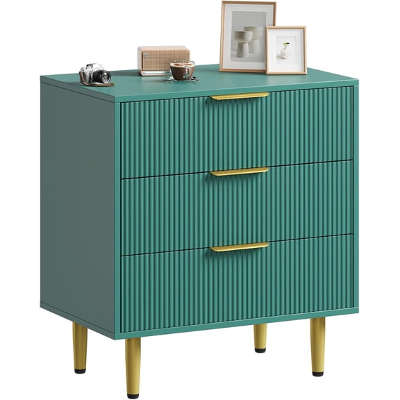 Fluted Dresser for Bedroom with 3 Drawers, Wooden Chest of Drawers with Metal Handle & Feet, Green Dresser for Living Room, Hallway, Bedroom