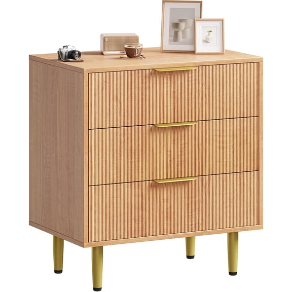 Fluted Dresser for Bedroom with 3 Drawers, Wooden Chest of Drawers with Metal Handle & Feet, Natural Dresser for Living Room, Hallway, Bedroom