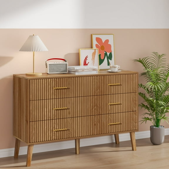 Fluted Dresser for Bedroom with 6 Drawers, Mid Century Modern Chest of Drawers, TV Stand for Living Room