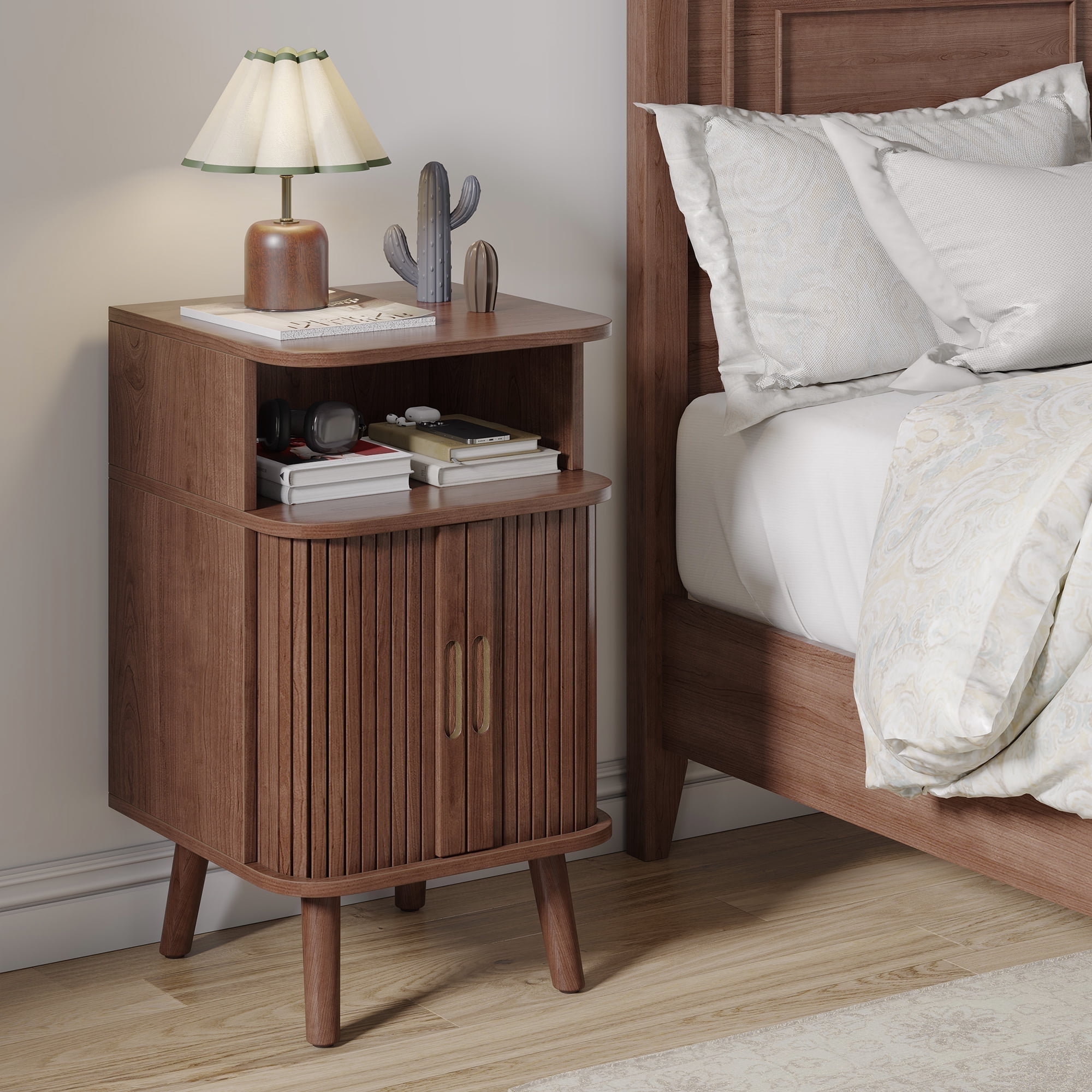 Fluted End Table with Storage,  Mid-Century Modern Wood Nightstand  with for Adult's Bedroom, Walnut