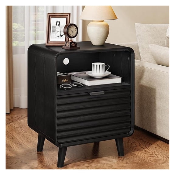 Fluted End Table with Charging Station, Century Curved Bedside Table with Drawer & Open Cubby Storage, Modern Nightstand for Living Room, Bedroom, Entryway, Black(1-Pack)