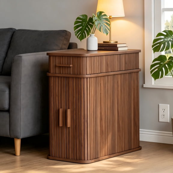 Fluted End Table with Charging Station, Narrow Side Table with Drawers, Wood Skinny Nightstand with Storage, Mid-Century Modern Bedside Table for Small Space, Living Room, Bedroom, Sofa, Couch