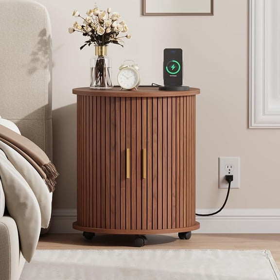 Fluted End Table with Sliding Door Charging Station Lockable Wheels Tall Side Table with Storage Shelf, Round Bedside Table for Living room, Mid-Century Modern Nightstand for Bedroom