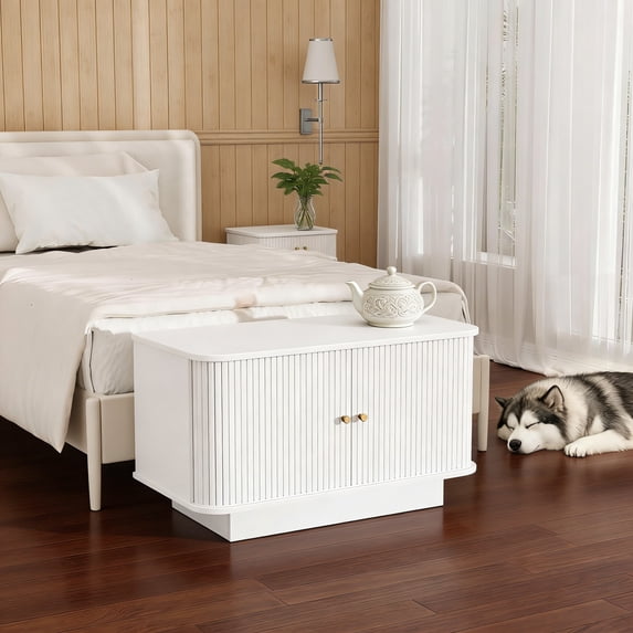 Fluted Entryway Bench with Shoe Storage, 31" W Small Shoe Bench with Sliding Door, Mudroom Bench with Seat, Upholstered Wooden Rack Organization for Living Room, Apartment, Dorm, White