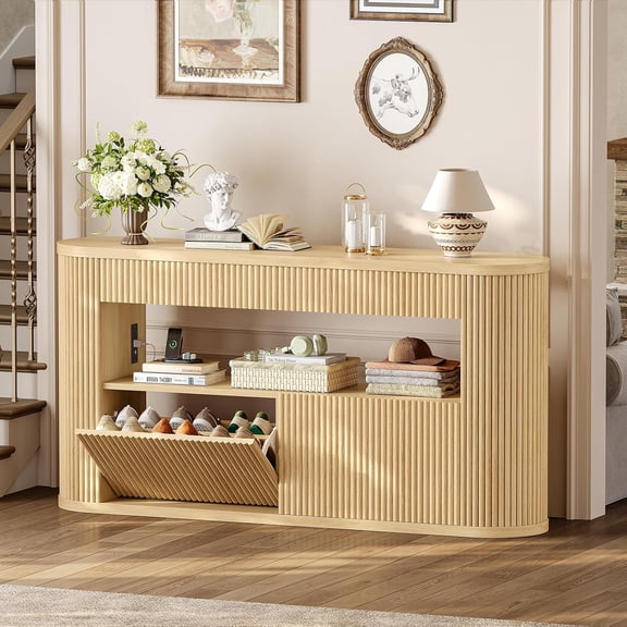 Fluted Entryway Table with Shoe Cabinet & Charging Ports, 59" Wood Sofa Console Table Behind Couch, 2 Flip Drawers & Open Shelf Hallway Table for Living Room, Light Oak