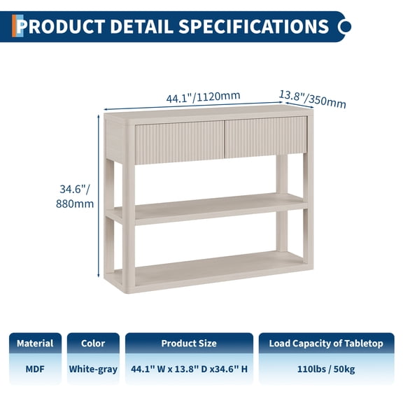 Fluted Entryway Table with 2 Drawers, Console Table with 3-Tier Storage Shelves, for Living Room Entrance