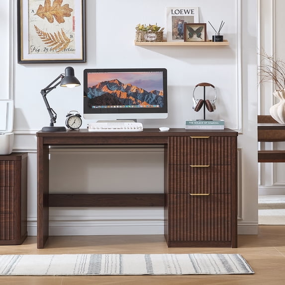 Fluted Executive Desk, 48" Modern Wood Home Office Desk with File Drawer & Metal Handles, Computer Writing Desk, Walnut