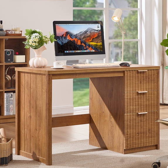 Fluted Executive Desk, 48" Modern Wood Office Desk with File Drawer & Metal Handles, Home Writing Study Computer Table for Work Study, Tea Brown