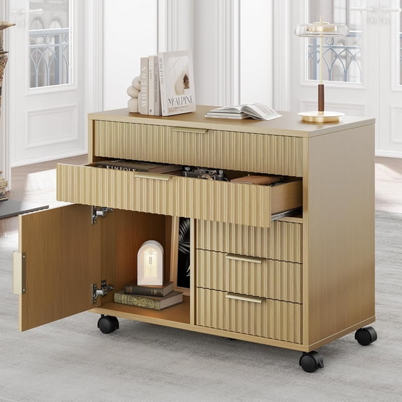 Fluted File Cabinet with 5 Drawers, Large Storage with Cabinet Door, Mobile Filing Cabinet with Locable Wheels for Home Office, Light Walnut
