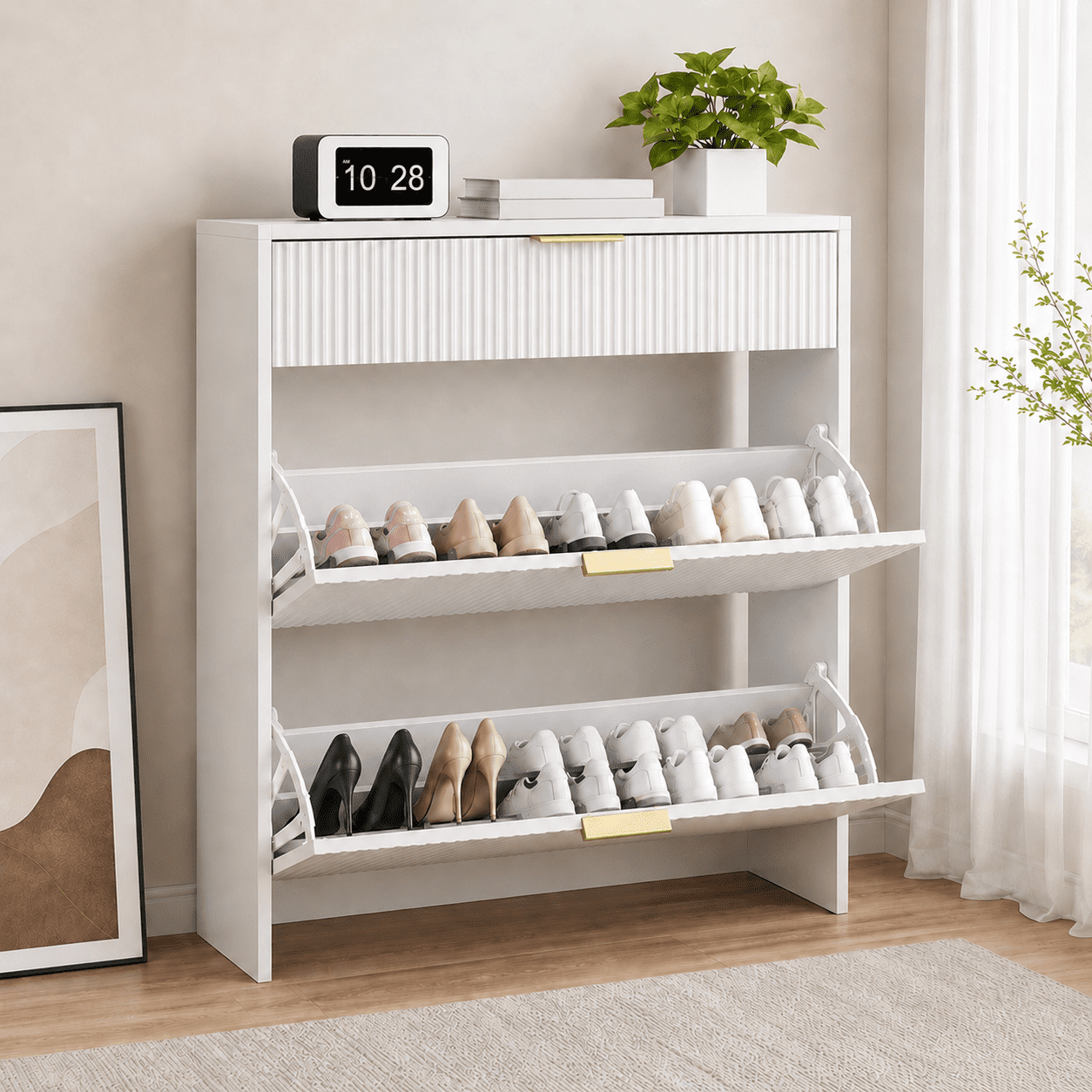 Fluted Flip Drawer Shoe Cabinet 31.5x11.8x43.3 Inch Natural Wood for Entryway Hallway