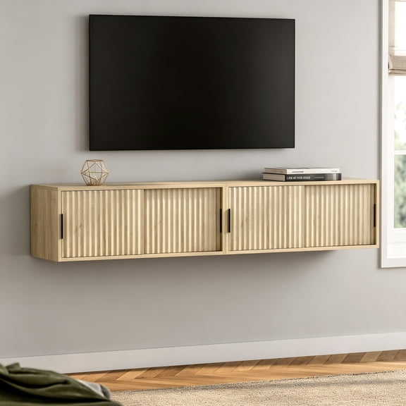 Fluted Floating Nightstand Set of 2, Modern Large TV Stands Wall Mounted Bedside Tables with Sliding Doors Storage Cabinet for Living Room Bedroom, Light Oak