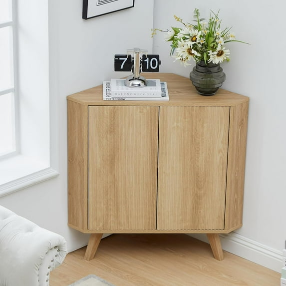 Fluted Floor Corner Cabinet, Small Corner Floor Cabinet with Adjustable Shelve, Freestanding Narrow Cabinet Organizer for Living Room Kitchen Bathroom, Natural