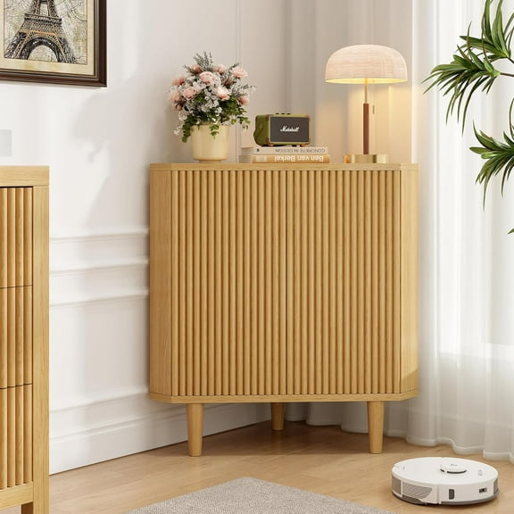 Fluted Floor Corner Kitchen Cabinet, Wooden Freestanding Cabinets Organizer with Door, Side Storage Organizer for Living Room, Dining Room, Bathroom Natural