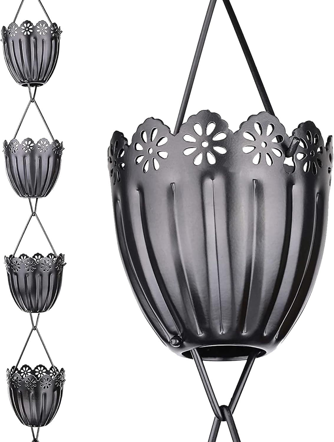 Fluted Flower Rain Chain 8.5 Ft.- Black Powder-Coated Aluminum ...