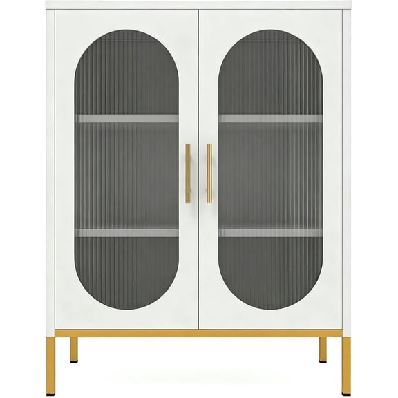 Fluted Glass Display Cabinet, Double Arched White Metal Storage Cabinet with 2 Glass Doors and Adjustable Shelves, Modern Curio Sideboard for Living Room Dining Room Entryway Accent Storage