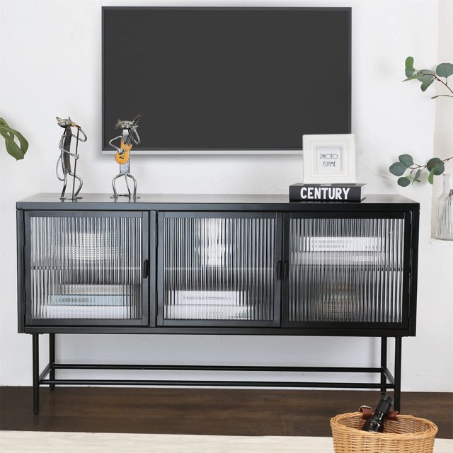 Fluted Glass Entertainment Center TV Stand with Metal Frame, 3 Glass