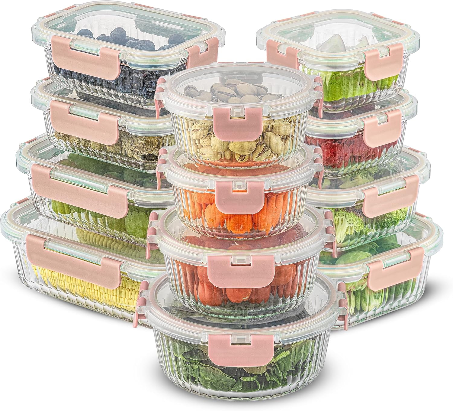 Fluted Glass Storage Containers with Lids. 12 Airtight, Freezer Safe