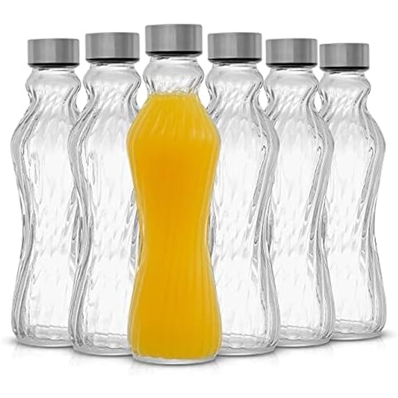 Fluted Glass Water Bottles Set of 6-18 oz Glass Bottles with Stainless Steel Leakproof Lids