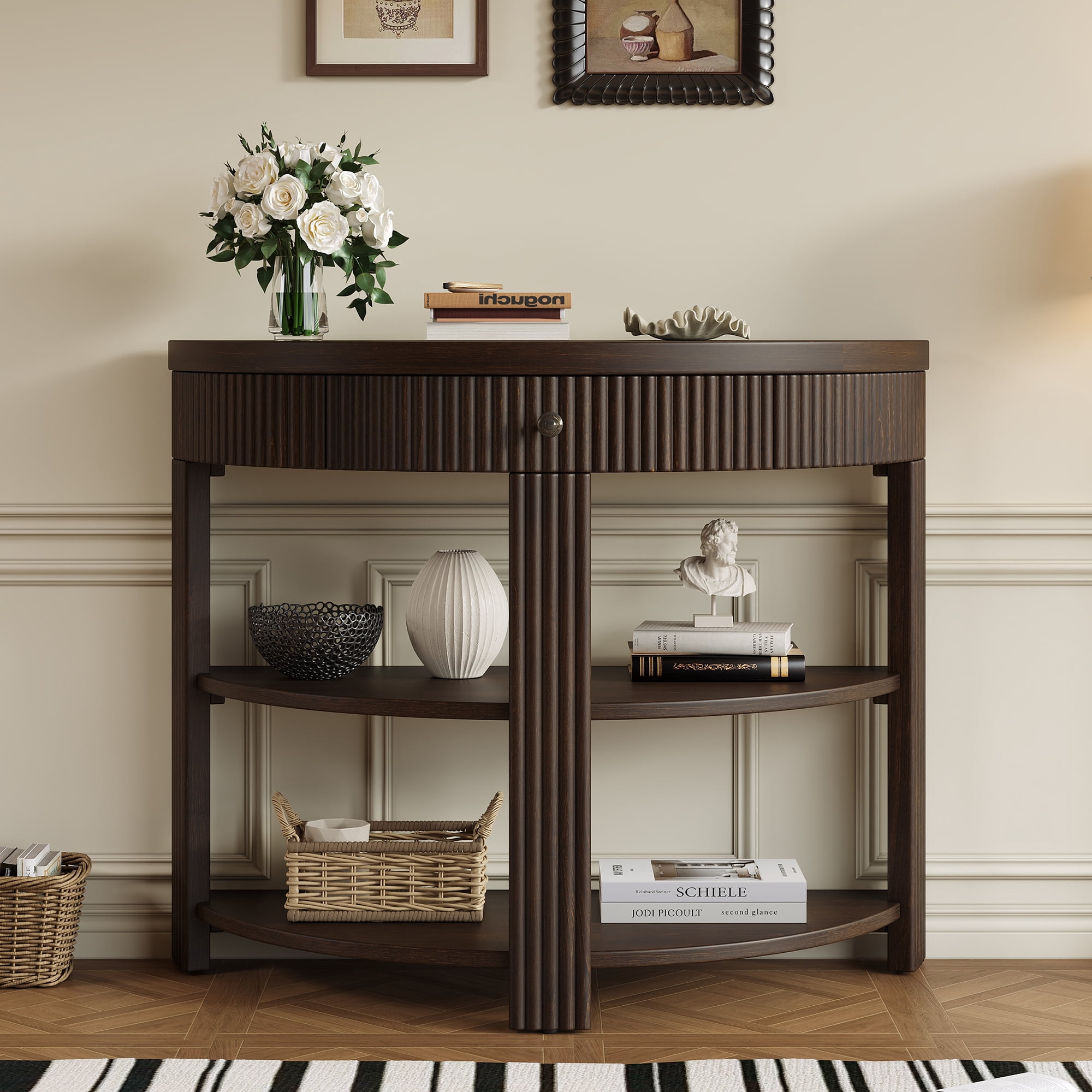 Fluted Half Moon Console Table with Drawer and 2 Shelves for Entryway, Living Room and Hallway (Espresso)