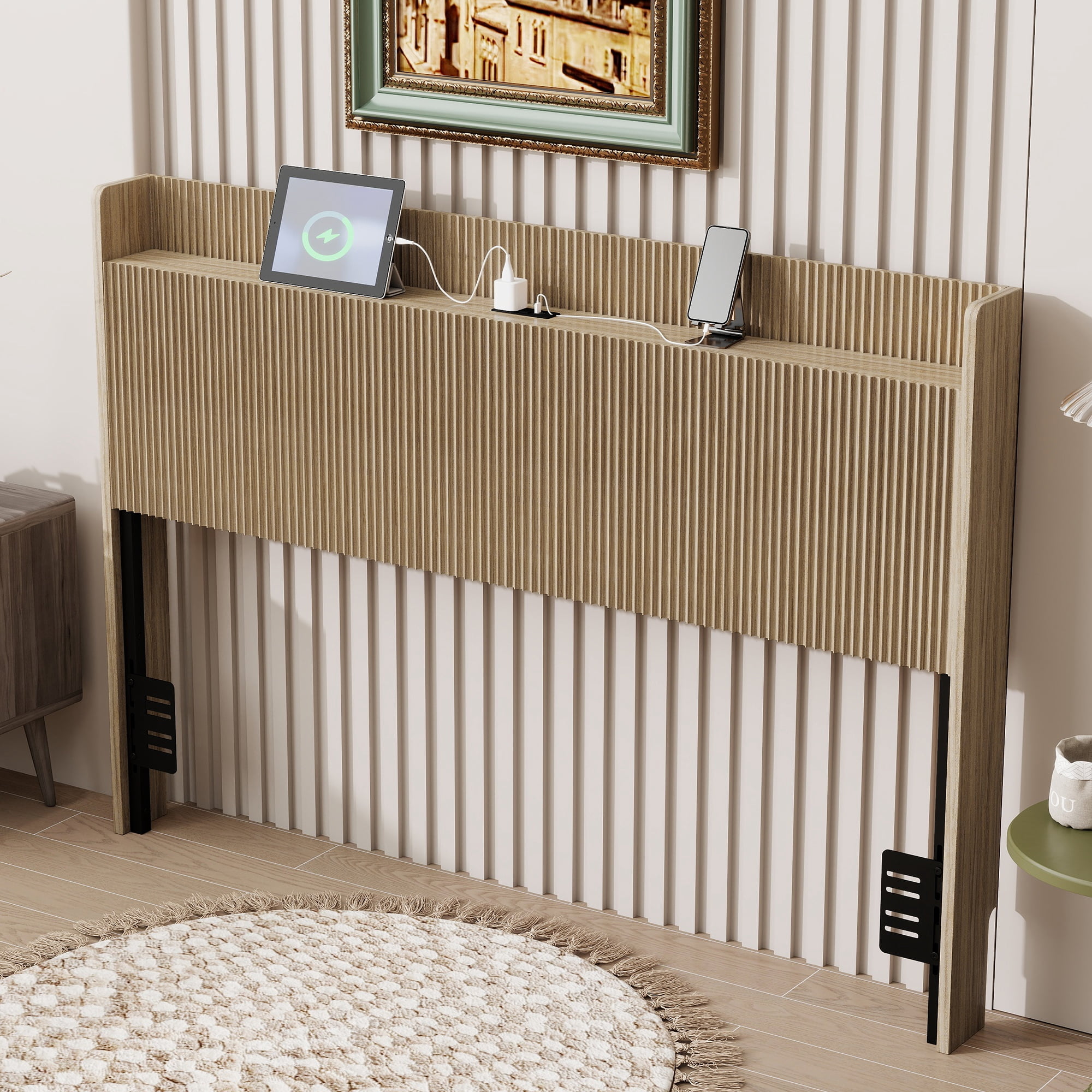 Fluted Headboard Queen Size 61.42 Inch, Bed Headboard with Charging Storage and Adjustable Brackets, Vertical Slat Wood Headboard for Twin Full Queen Bed, Oak