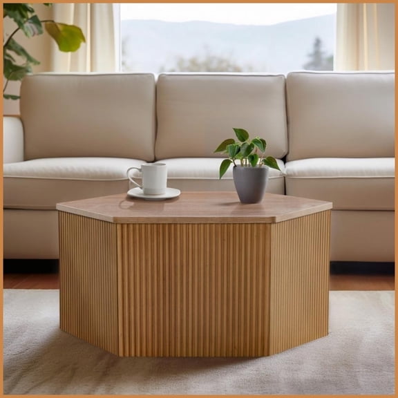 Fluted Hexagon Coffee Table with Natural Oak Grains  Space-Saving for Small Living Rooms & Easy Assembly