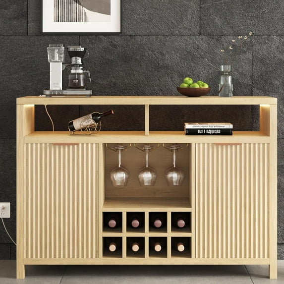 Fluted Home Bar Wine Cabinet with LED Light, Charging Station, Wine Rack - Buffet Cabinet with Storage, Coffee Bar Table, Stylish Fluted Credenza Cabinet for Modern Home Kitchen 47.2" Oak