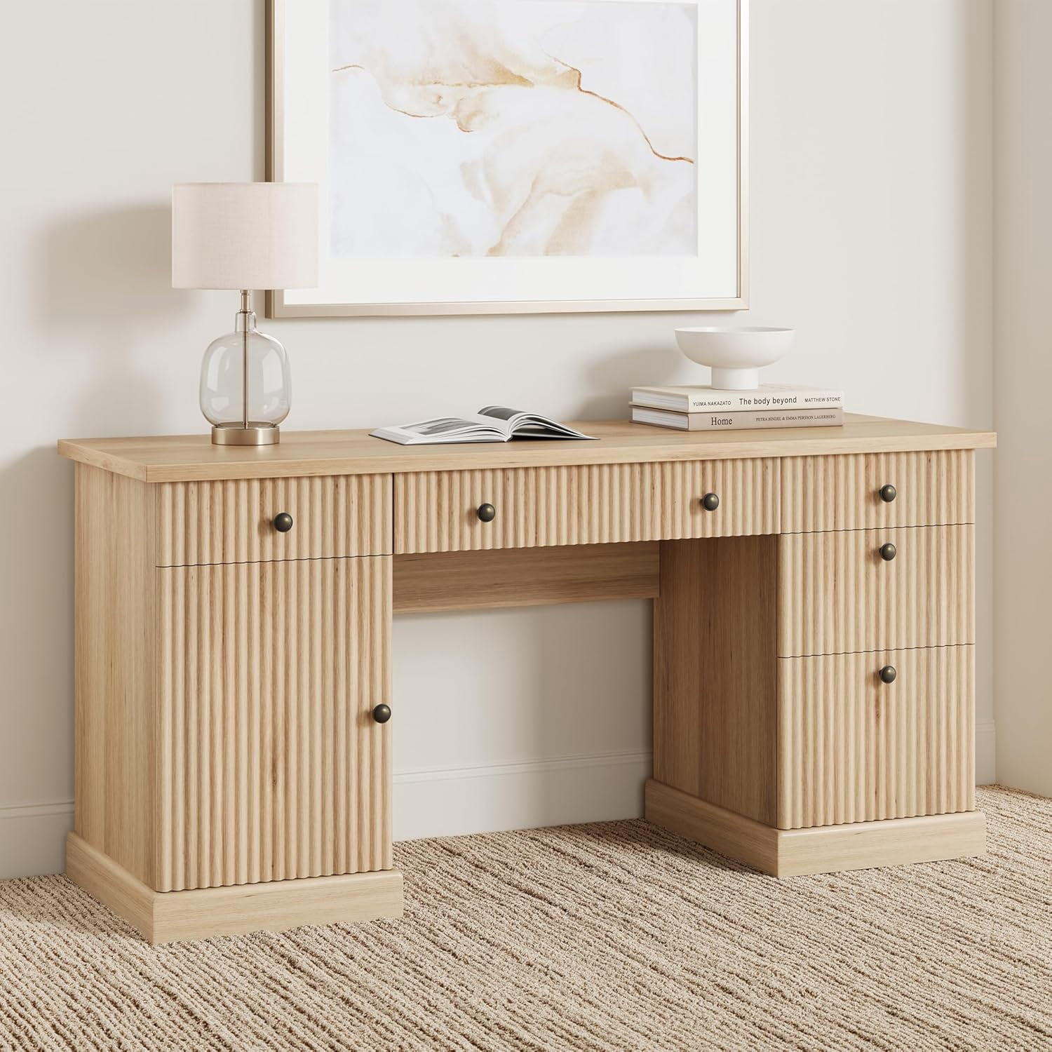 Fluted Home Office Desk Storage, 60 in Modern Executive Desk with Charging Station, Wooden Computer Writing Desk with File Cabinet & Drawers for Study, Living Room, Bedroom-Burlywood
