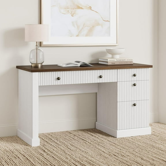 Fluted Home Office Desk with Storage Cabinet & Drawers, 54" Modern Executive Desk with Charging Station, Wooden Computer Writing Desk with File Drawers for Study Room 54.0”L x 21.6 "D x 30.0" H