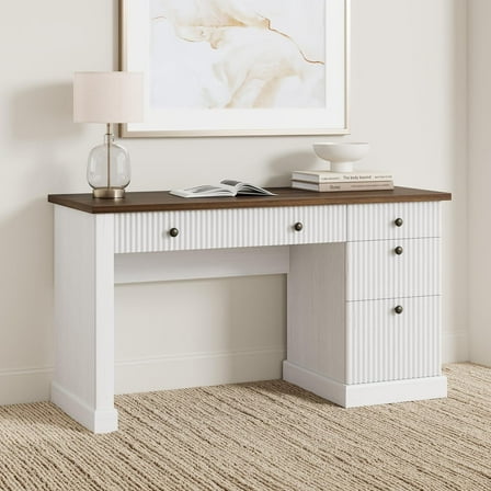 Fluted Home Office Desk Storage, Compact Computer Desk with Drawers 54" Modern Executive Desk with Charging Station, Modern Writing and Study Table Wooden Computer Writing Desk with File Cabinet