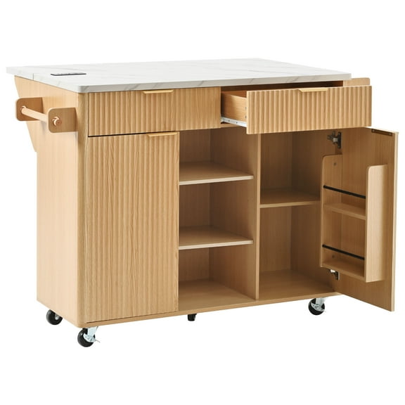 Fluted Kitchen Island Cart with Drop Leaf, Power Outlet, Adjustable Shelves, 2 Doors & 2 Drawers