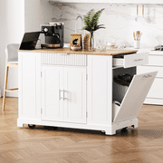 Fluted Kitchen Island with Rubber Wood Top, Trash Can Storage, Power Outlet, 3 Drawers & Open Side Racks, Mobile Kitchen Cart on 5 Wheels for 10 Gallon Garbage Bin, White