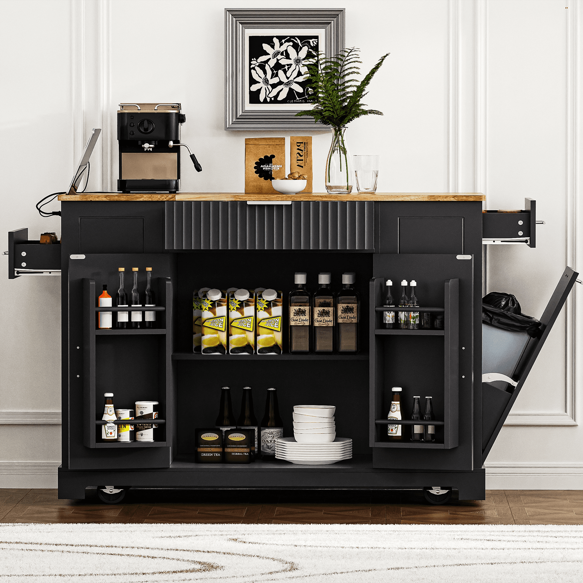 Fluted Kitchen Island with Power Outlet and Internal Storage Rack, Black
