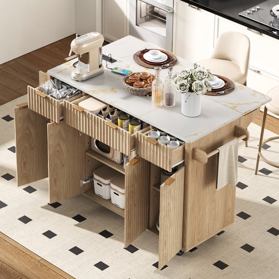 Chords Attic Fluted Kitchen Storage Island with Drop Leaf, Power Outlet, 55.5" Rolling Kitchen Cart with 4 Doors and 3 Drawers