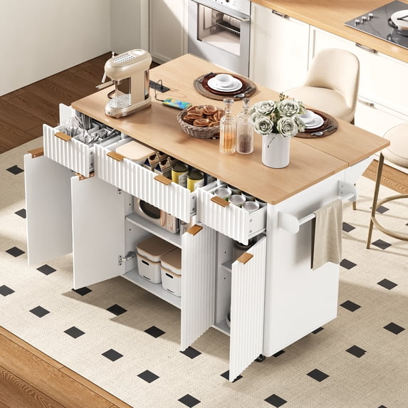 Fluted Kitchen Storage Island with Drop Leaf, Power Outlet, 55.5" Rolling Kitchen Cart with 4 Doors and 3 Drawers