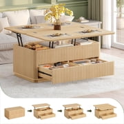 Fluted Lift Top Coffee Table, 4-in-1 Expandable Dining & Gaming Desk for 8, Mid Century Modern Oak Center Table with 2 Drawers & Hidden Storage Compartment for Small Living Room