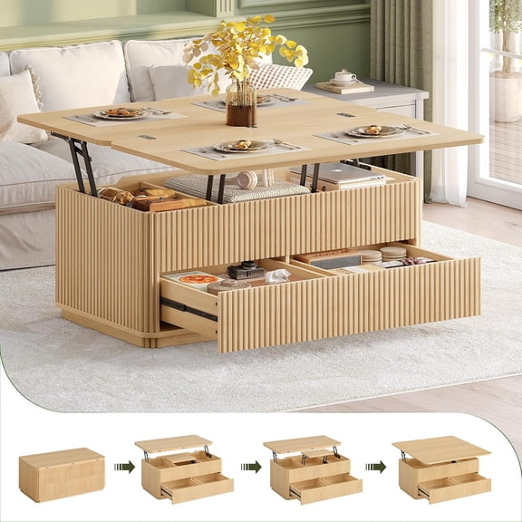 Fluted Lift Top Coffee Table, 4-in-1 Expandable Dining & Gaming Desk for 8, Mid Century Modern Oak Center Table with 2 Drawers & Hidden Storage Compartment for Small Living Room