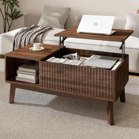 Fluted Lift Top Coffee Table, Mid Century Modern Wooden Center Table with Storage Shelf & Hidden Compartment for Living Room Home Office, Walnut