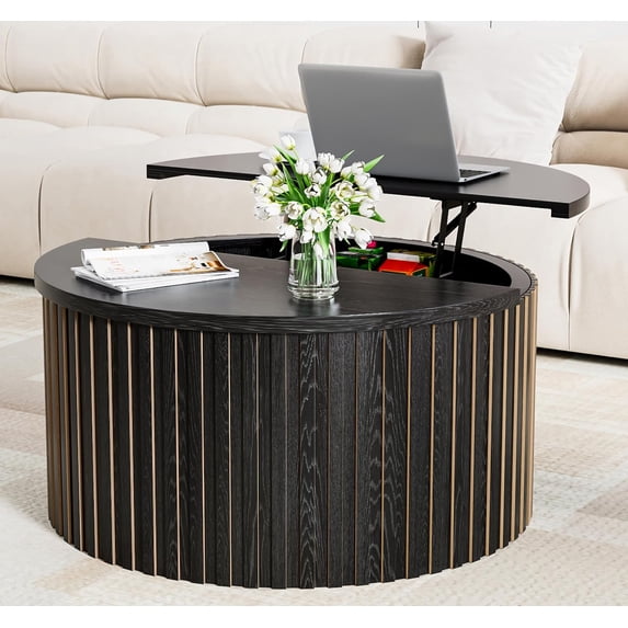 Fluted Lift Top Coffee Table with Storage, 31.5'' Farmhouse Round Coffee Tables for Living Room, Modern Wood Center Tables with Hidden Compartment for Home, Office (Black)