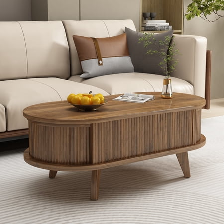 Fluted Lift Top Coffee Table with Hidden Compartment, Wooden Center Table, Modern Oval Lift Tabletop for Home Living Room Office, Walnut Brown Color