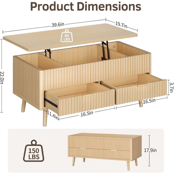 Fluted Lift Top Coffee Table with Storage Drawers and Hidden Compartment for Living Room